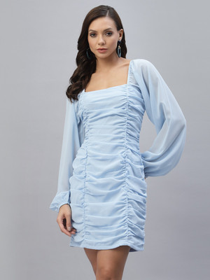 AAYU Women Bodycon Light Blue Above Knee/Mid Thigh Length Dress
