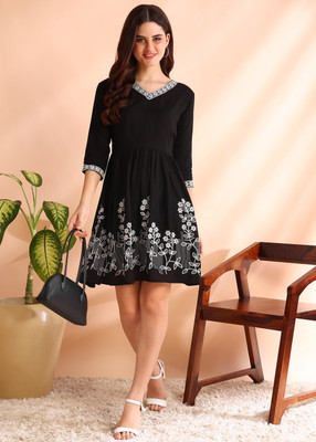 New Ethnic 4 You Women Fit and Flare Black Above Knee/Mid Thigh Length Dress