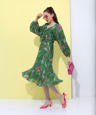 Tokyo Talkies Women Fit and Flare Green Midi/Calf Length Dress