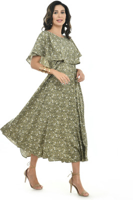 O Madam Women Maxi Green Midi/Calf Length Dress