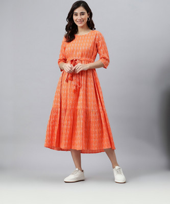 Janasya Women Fit and Flare Orange Midi/Calf Length Dress