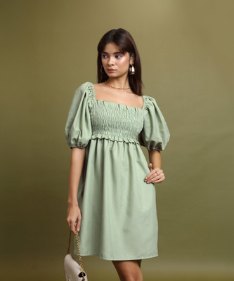 Tokyo Talkies Women Ruffled Light Green Above Knee/Mid Thigh Length Dress