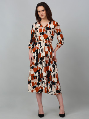 Crozo By Cantabil Women A-line Brown, Black, White Midi/Calf Length Dress