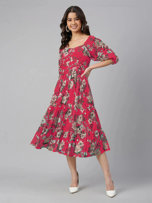 Janasya Women Fit and Flare Pink Midi/Calf Length Dress