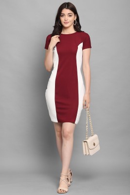 MILOST Women Bodycon White, Maroon Dress