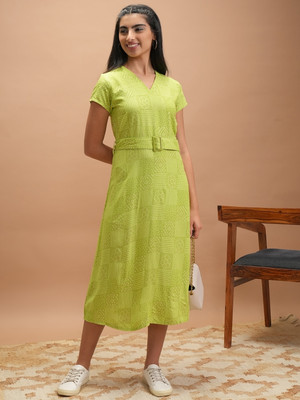 Vishudh Women A-line Green Midi/Calf Length Dress