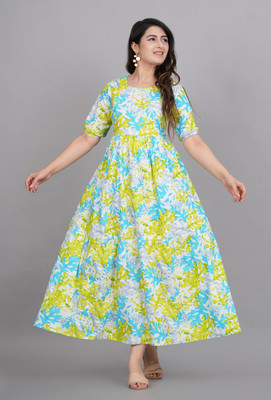 SITAFAB Women Floral Print Anarkali Kurta(Yellow, White)