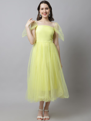 Jakanary Women Fit and Flare Yellow Midi/Calf Length Dress
