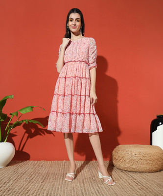 UnicusApparel Women Fit and Flare Pink Below Knee Dress