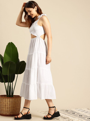 Mast & Harbour Women A-line White Midi/Calf Length Dress