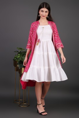 NG CREATION Women Fit and Flare Pink, White Dress