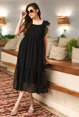 Moshe Women Fit and Flare Black Midi/Calf Length Dress
