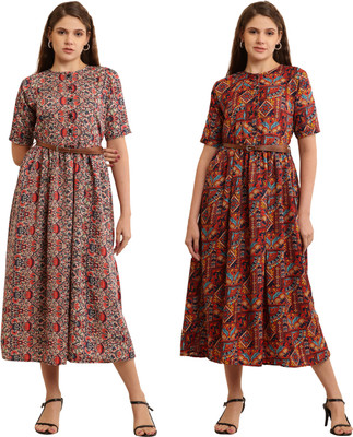 Miranga Women Fit and Flare Multicolor Midi/Calf Length Dress
