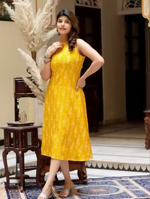 Fashiontrand Women A-line Yellow Midi/Calf Length Dress