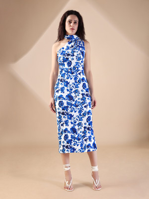 PURVAJA Women Bodycon Blue, White Midi/Calf Length Dress