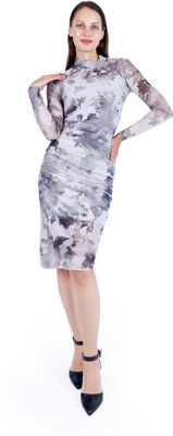 Fuegobella Women Bodycon Grey, White Knee Length Dress