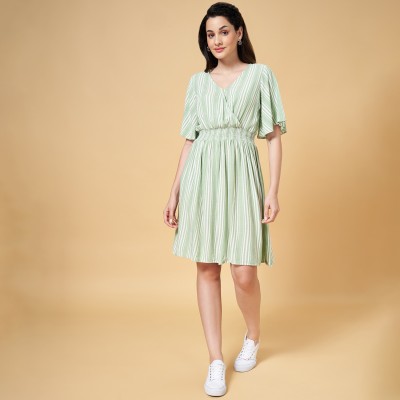 Honey By Pantaloons Women A-line Light Green, White Dress