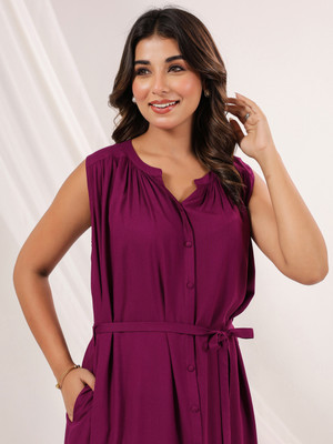 Janasya Women A-line Purple Below Knee Dress