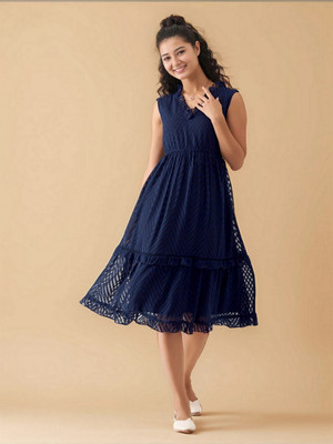 AASK Women Fit and Flare Dark Blue Knee Length Dress