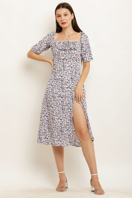 A R J FASHION Women Fit and Flare White Below Knee Dress