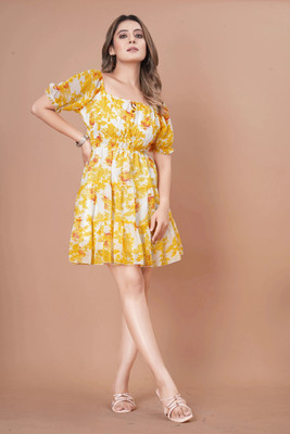 DORESUZAA Women A-line Yellow, White, Brown Ankle Length Dress