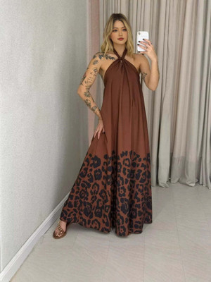 OUTZIDR Women A-line Brown Ankle Length Dress