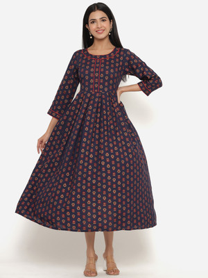 INDIANIC Women A-line Blue Midi/Calf Length Dress