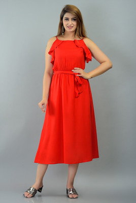 IQRAAR Women Fit and Flare Red Midi/Calf Length Dress