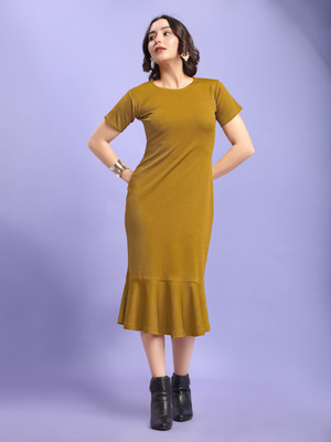 PURVAJA Women Bodycon Yellow Below Knee Dress