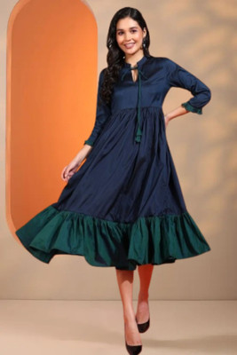 OZIA Women Fit and Flare Dark Blue Midi/Calf Length Dress