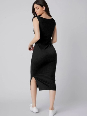 DESIGN PLUS FASHION Women Bodycon Black Below Knee Dress