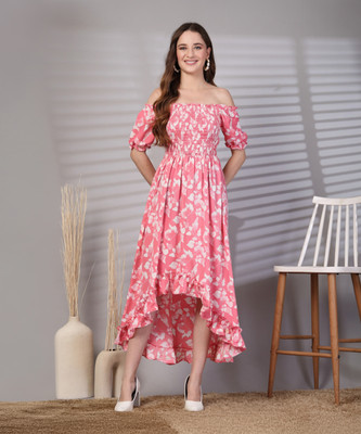 Wordope Women High Low Pink, White Midi/Calf Length Dress