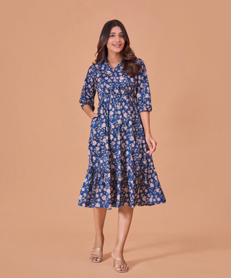 FashFun Women Fit and Flare Blue Midi/Calf Length Dress