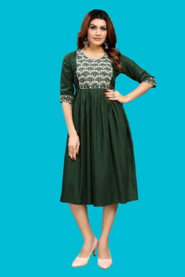 DICHIKA Fashion Women Fit and Flare Dark Green Knee Length Dress