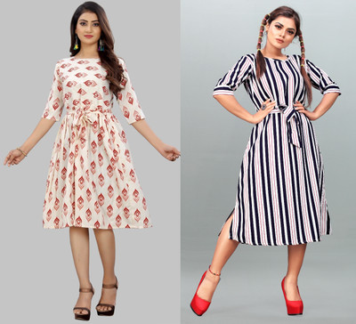 tanvi creation Women Fit and Flare Beige Midi/Calf Length Dress