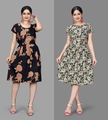varudifeb Women Fit and Flare Multicolor Below Knee Dress