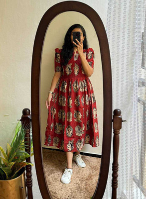 Satyavrat Women A-line Red Knee Length Dress