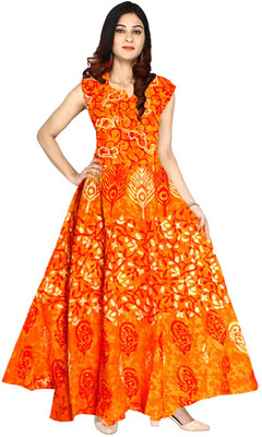 Parth Fashion Women Fit and Flare Orange Maxi/Full Length Dress