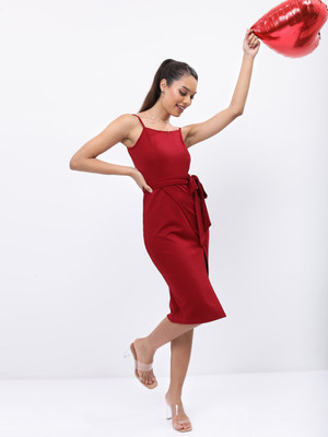 Tokyo Talkies Women Ribbed Red Knee Length Dress