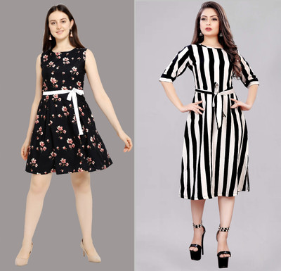 Hiral Creation Women A-line Multicolor Midi/Calf Length Dress
