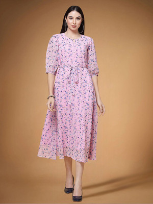Moda Rapido Women Fit and Flare Pink Knee Length Dress