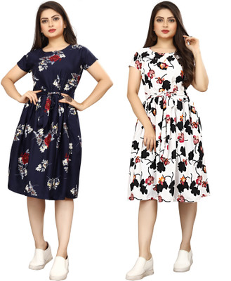 HouseOfCommon Women A-line Blue, Black Knee Length Dress