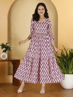 Drashti Textiles Women Fit and Flare Purple Maxi/Full Length Dress