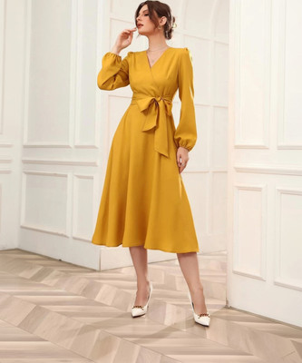 Istyle Can Women Wrap Yellow Midi/Calf Length Dress