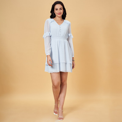 Honey By Pantaloons Women A-line Light Blue Knee Length Dress