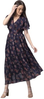 DRAPE AND DAZZLE Women Fit and Flare Dark Blue, Red, Green Dress
