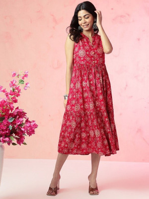 ANOUK Women Fit and Flare Pink Midi/Calf Length Dress