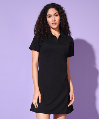 Christy World Women T Shirt Black Above Knee/Mid Thigh Length Dress
