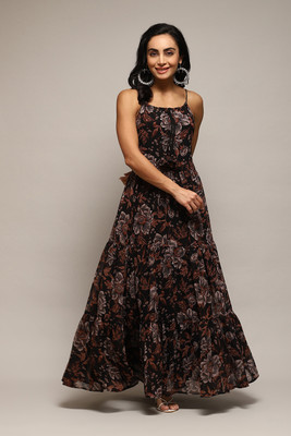 BIBA Women Tiered Black Maxi/Full Length Dress