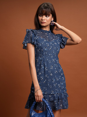 Tokyo Talkies Women Ruffled Dark Blue, White Above Knee/Mid Thigh Length Dress